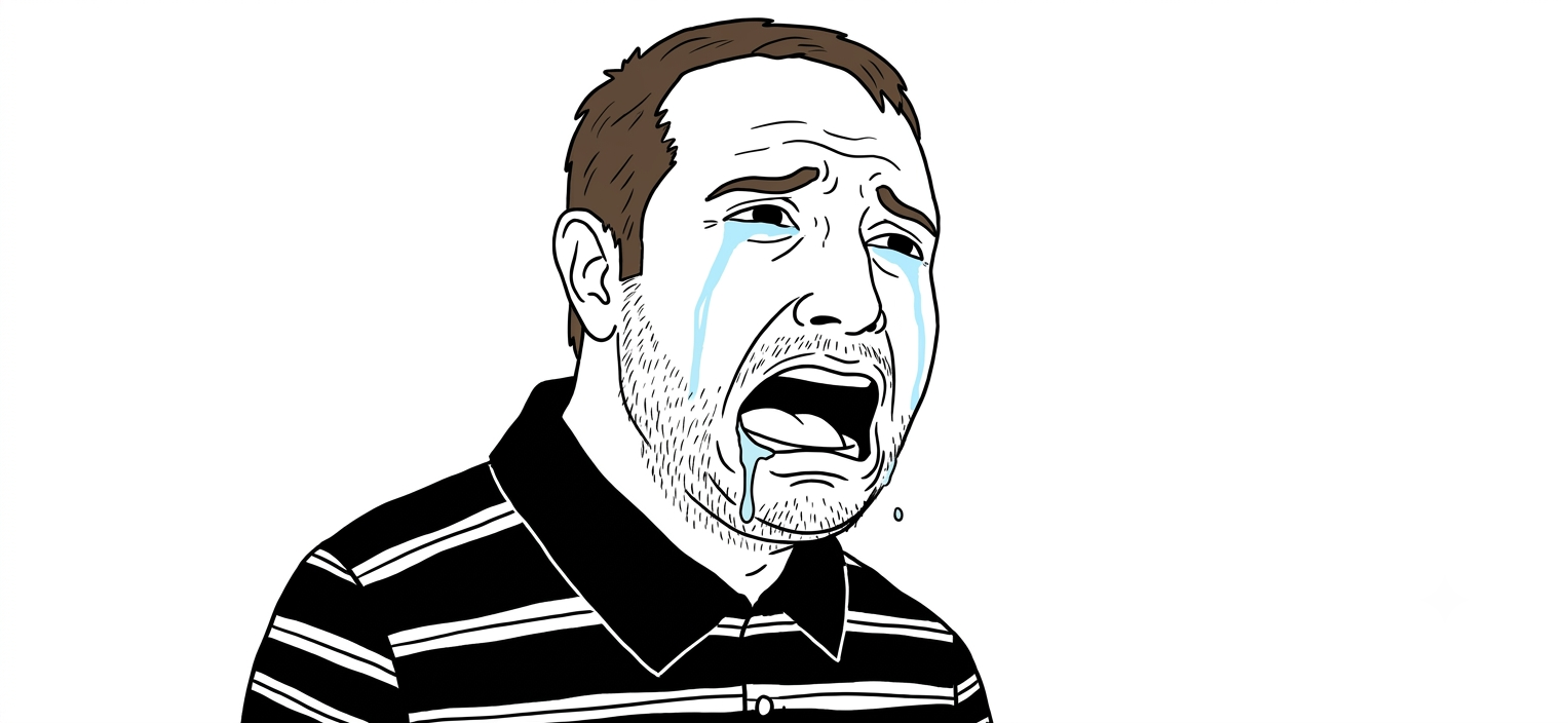 A crying, open-mouthed cartoon of Fooser wearing a striped polo shirt.